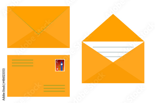 Yellow mail icon set in flat design style.Vector illustration isolated on white background.Eps 10.Open and closed envelope. Vector icon in flat design style Closed, open with a message e-mail envelope