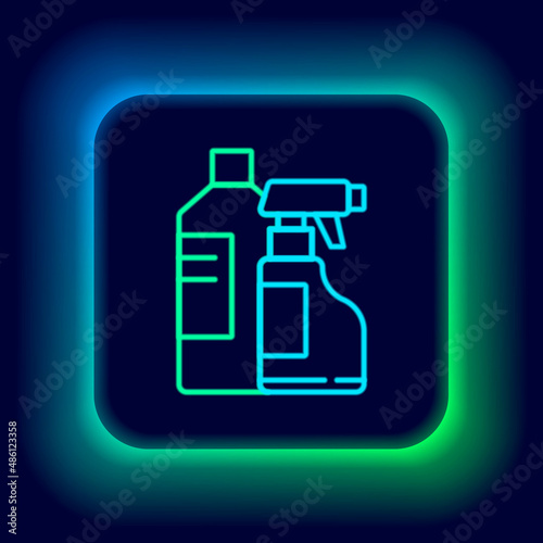 Glowing neon line Plastic bottles for laundry detergent, bleach, dishwashing liquid or another cleaning agent icon isolated on black background. Colorful outline concept. Vector