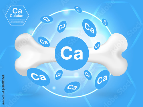High Calcium placard, poster, banner. 3d realistic white bone on blue background. Vector illustration
