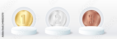 Gold, silver, bronze winner podium set. Realistic 3D award stage on white background. Champion 1, 2, 3 place pedestal mock up with metal medal. Vector illustration