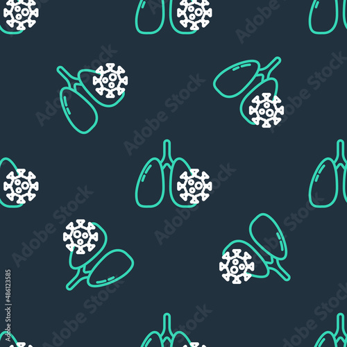 Line Virus cells in lung icon isolated seamless pattern on black background. Infected lungs. Coronavirus, COVID-19. 2019-nCoV. Vector