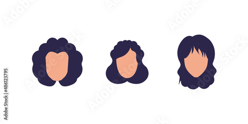 Set of faces of girls with different hairstyles. Isolated on white background. Vector illustration.