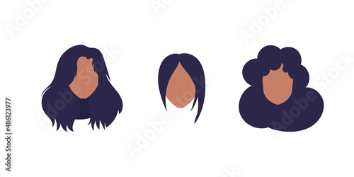 A set of faces of girls of African American appearance. Isolated. Vector.