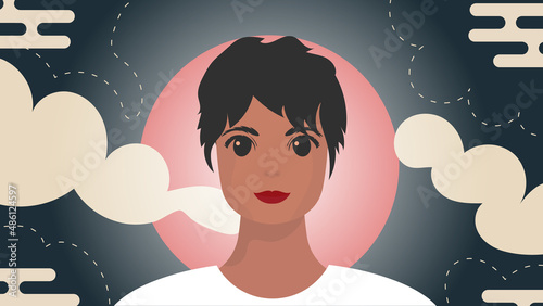 Banner with a girl of African American appearance. Black strong girl on, front view. Flat cartoon style.