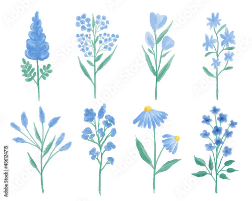 Vector collection of blue wildflowers hand painted in watercolor.