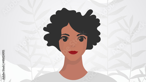 Banner with female African American appearance. Black strong girl on, front view. Vector.