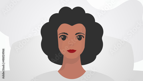 Banner with female African American appearance. Black strong girl on, front view. Cartoon style.