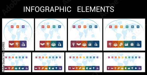 Charts infographic template step by step Colour squares with columns for the text on world map