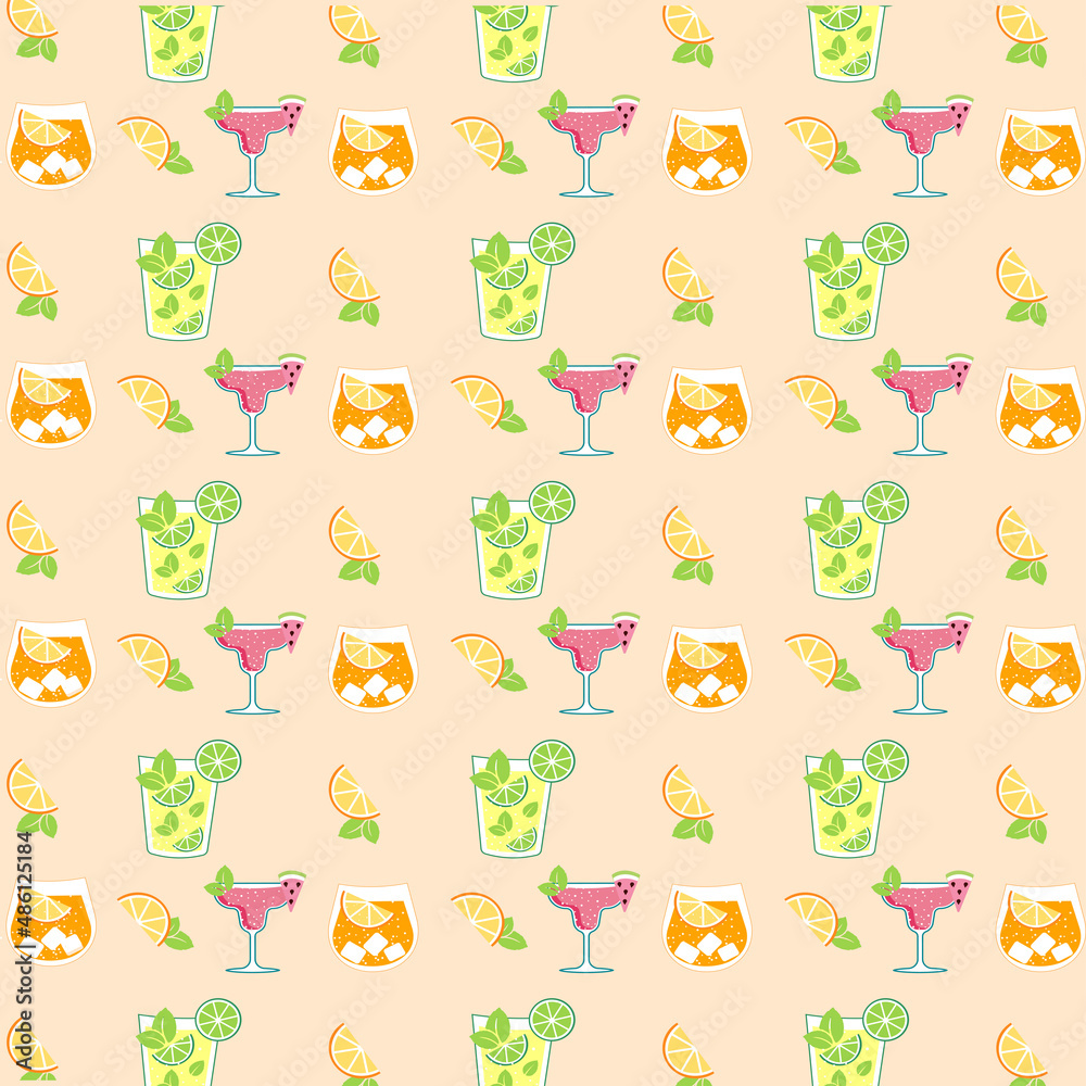 A bright summer pattern with drinks and fruits. A bright summer pattern with drinks and fruits.
