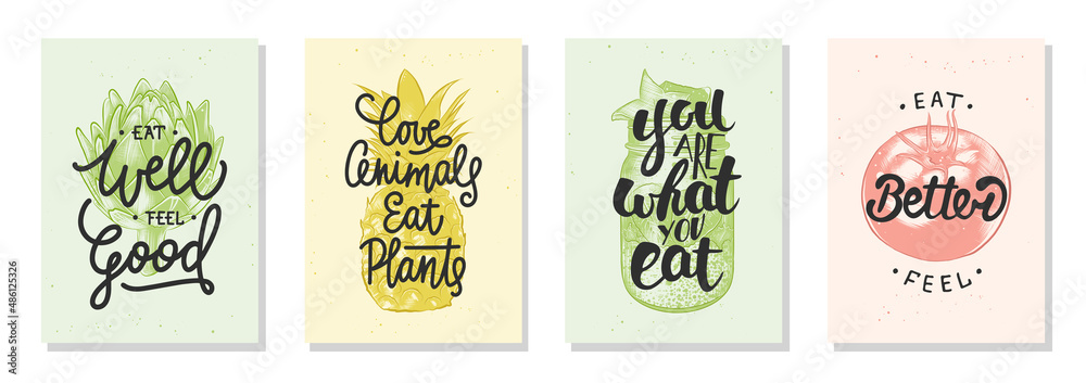 Set of 4 advertising and inspirational healthy food and eating lettering posters, decoration, prints, packaging design. Hand drawn  vector typography with sketches. Handwritten mono line calligraphy. - obrazy, fototapety, plakaty 