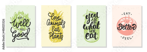 Set of 4 advertising and inspirational healthy food and eating lettering posters, decoration, prints, packaging design. Hand drawn  vector typography with sketches. Handwritten mono line calligraphy.