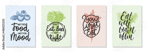 Photo Set of 4 advertising and inspirational healthy food and eating lettering posters, decoration, prints, packaging design