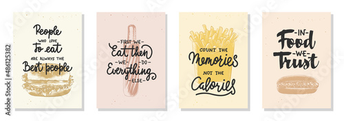 Set of 4 advertising fast, street, truck food and eating lettering posters, decoration, prints, cafe interior design. Hand drawn fast food sketches. Handwritten lettering. Mono line calligraphy.