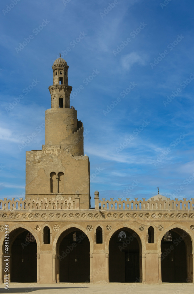 Minaret in Ibn Tulun Mosque in Cairo, Egypt the oldest, best preserved Mosque in Egypt
