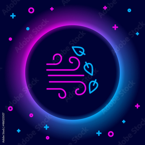 Glowing neon line Windy weather icon isolated on black background. Cloud and wind. Colorful outline concept. Vector
