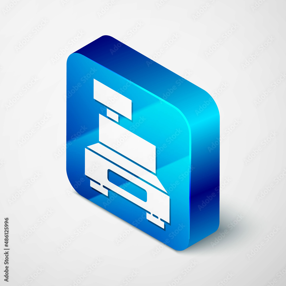 Isometric Cash register machine with a check icon isolated on grey background. Cashier sign. Cashbox symbol. Blue square button. Vector Illustration Isometric Cash register machine with a check icon isolated on grey background. Cashier sign. Cashbox symbol. Blue square button. Vector Illustration
