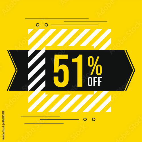 51% off sale. Discount price. Discounted special offer announcement. Black, yellow and white color conceptual banner for promotions and offers with 51 percent off.