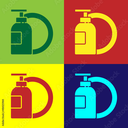Pop art Dishwashing liquid bottle and plate icon isolated on color background. Liquid detergent for washing dishes. Vector Illustration