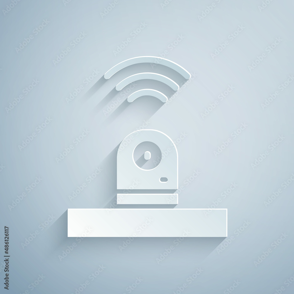Paper cut Smart security camera icon isolated on grey background. Internet of things concept with wireless connection. Paper art style. Vector Paper cut Smart security camera icon isolated on grey background. Internet of things concept with wireless connection. Paper art style. Vector