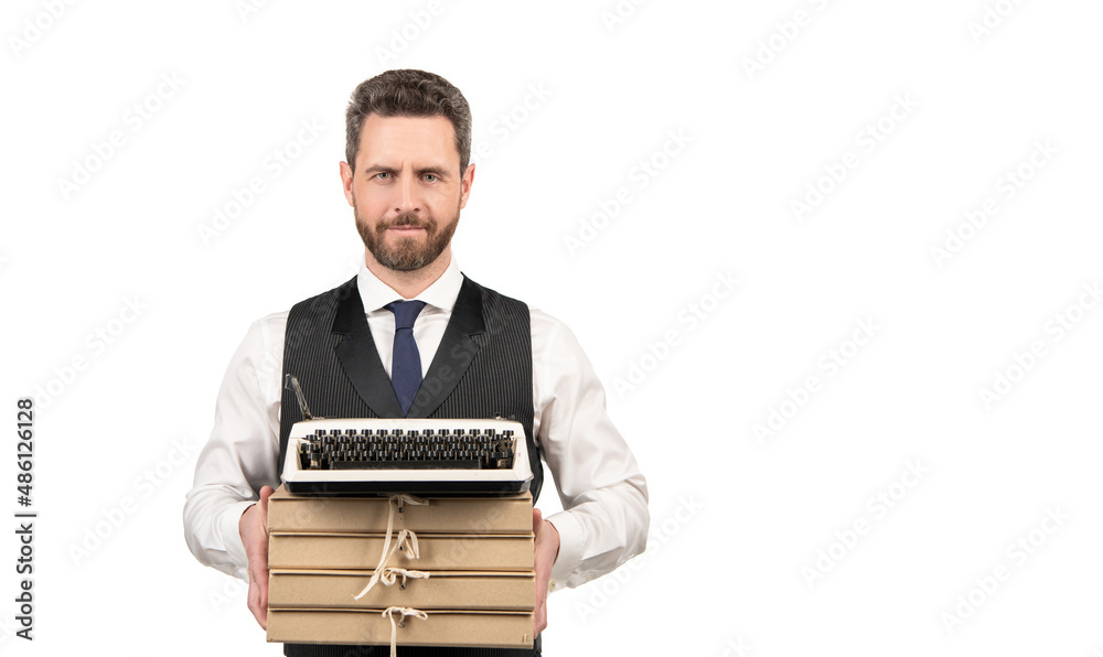 bearded businessman hold heap of folders isolated on white, copy space, modern business bearded businessman hold heap of folders isolated on white, copy space, modern business
