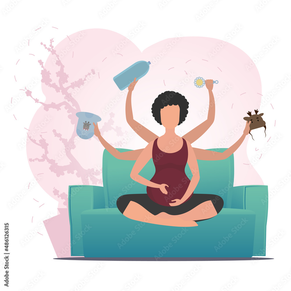 Pregnant girl in the lotus position. Yoga poses in the butterfly or lotus position. Cartoon style.