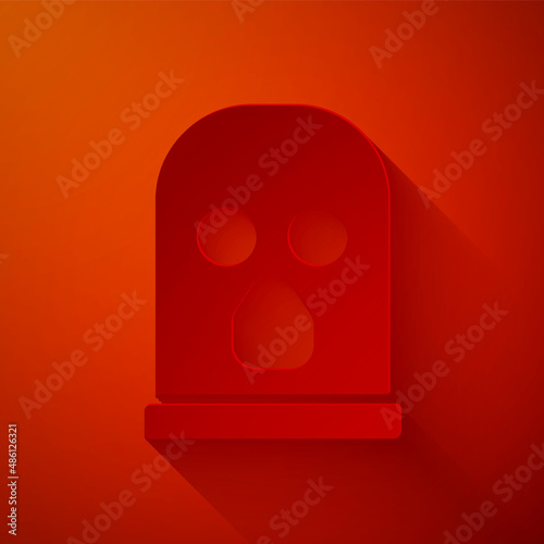 Paper cut Balaclava icon isolated on red background. A piece of clothing for winter sports or a mask for a criminal or a thief. Paper art style. Vector