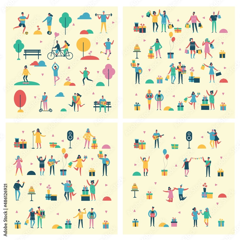 People in park icons collection, trees and benches lantern illuminating light, couples having fun walking, playing tennis vector illustration