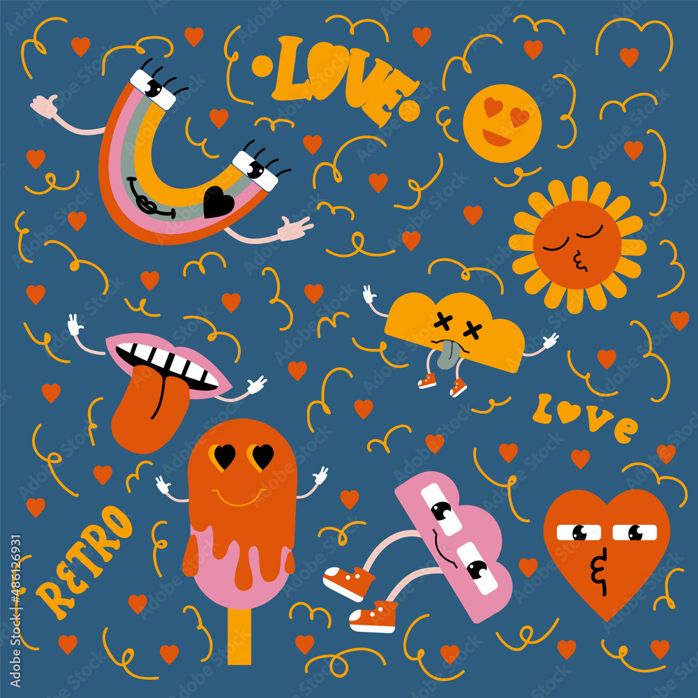 Abstract pattern of cartoon retro stickers. Illustration of a rainbow, smiley, heart for textiles. A postcard of a retro background with a doodle-style character. Vector illustration