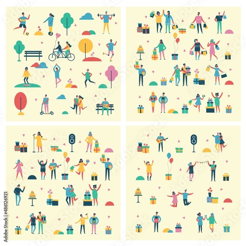 People in park icons collection, trees and benches lantern illuminating light, couples having fun walking, playing tennis vector illustration
