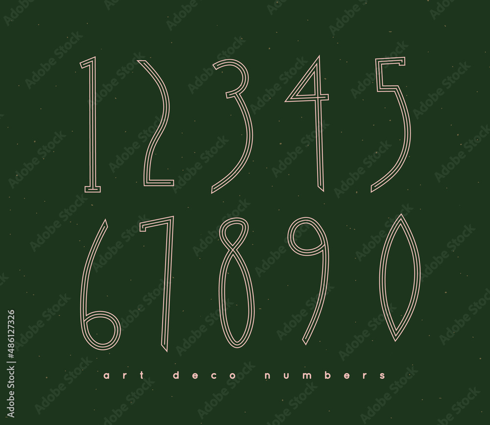 Set of art deco numbers drawing in vintage style on green background