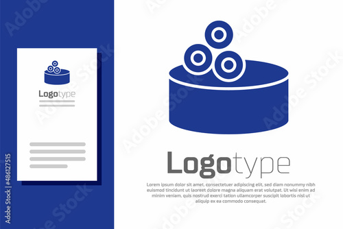 Blue Tin can with caviar icon isolated on white background. Logo design template element. Vector.