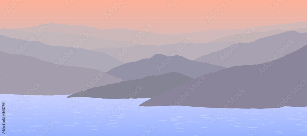 Beautiful pink sunset over the foggy mountains and blinking water.