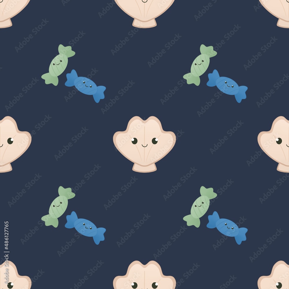 cute summer pattern for kids - candy and shell on dark background cute summer pattern for kids - candy and shell on dark background