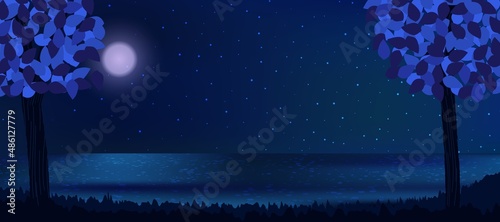 Starry night view with ocean beach, trees and bright Moon.