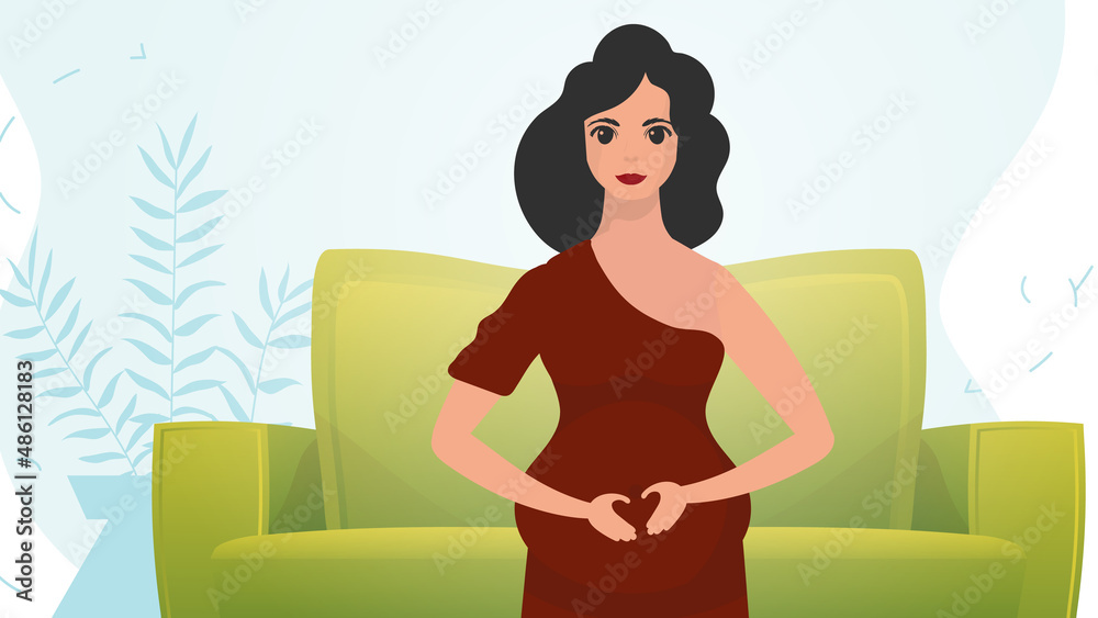 A pregnant woman is holding her stomach. Pregnancy and motherhood. Cartoon style. A pregnant woman is holding her stomach. Pregnancy and motherhood. Cartoon style.