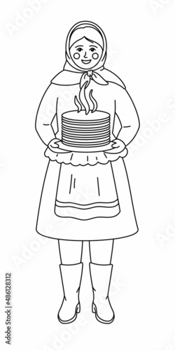 Maslenitsa or Shrovetide. Line art. Woman with pancakes and Russian tradition clothes. Great Russian holiday Maslenitsa. Vector outline illustration. Coloring page