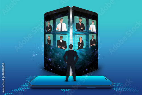 Illustrations design concept video conference by mobile. online meeting work form anywhere . Vector Illustration.