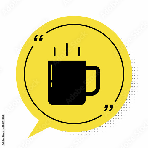 Black Coffee cup icon isolated on white background. Tea cup. Hot drink coffee. Yellow speech bubble symbol. Vector