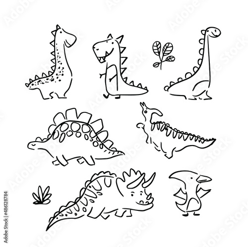 Different dinosaurs cartoon character. Hand drawn dinosaur collection