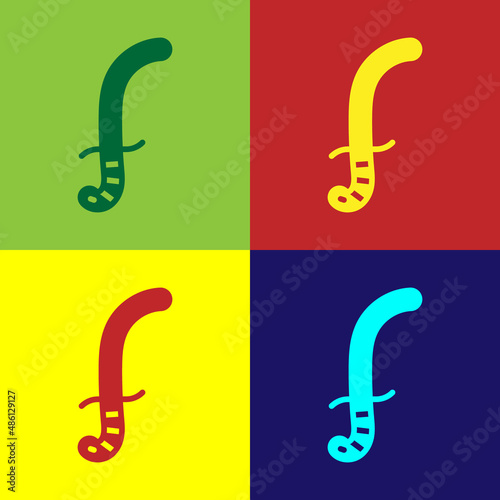 Pop art Medieval sword icon isolated on color background. Medieval weapon. Vector
