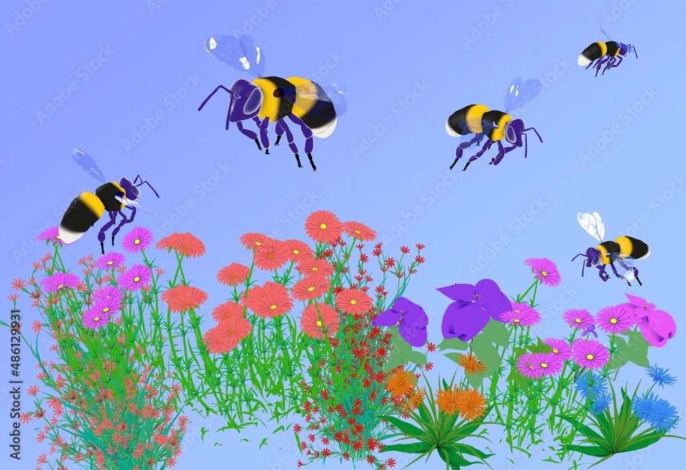 3d illustration of bees flying over flowers and plants. In flat style on sky blue background.