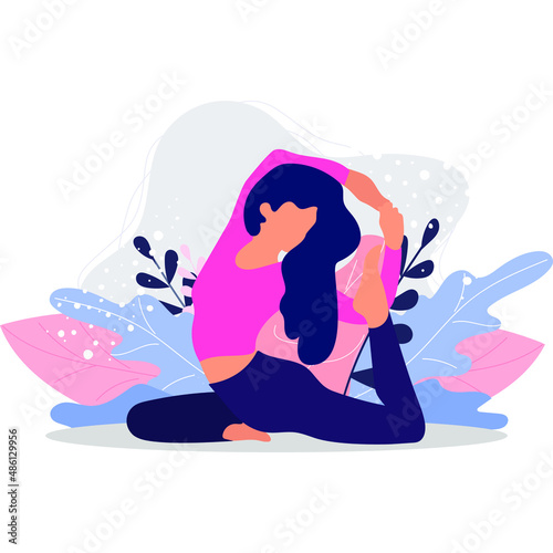 Young cartoon character woman doing pilates, fexible yoga exercises on a floral background. Healthy lifestyle. Selfcare for woman