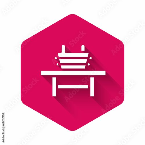 White Sauna bench with bucket icon isolated with long shadow background. Pink hexagon button. Vector