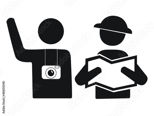 Two traveler with camera and map vector icon isolated