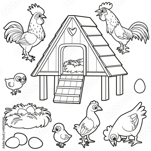 Big set of coop hens, roosters chicks eggs and nest outlined for coloring book on white background