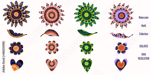 Fototapeta Naklejka Na Ścianę i Meble -  Colorful retro watercolor floral sixties style motif collection with matching hearts. Modern fun vintage doodle flower elements. Isolated on white playful design with high resolution icon set 