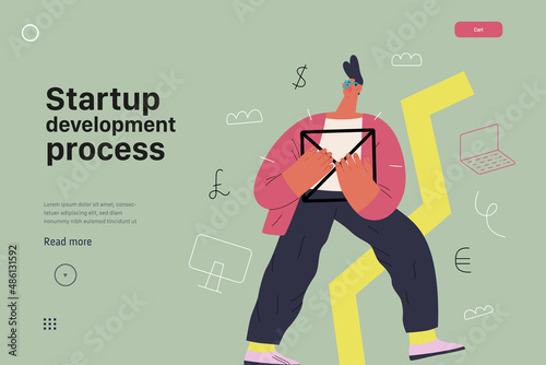 Startup illustration, website landing template Flat line vector modern concept illustration, startup metaphor. Concept of building new business, strategy, company processes Startup development process