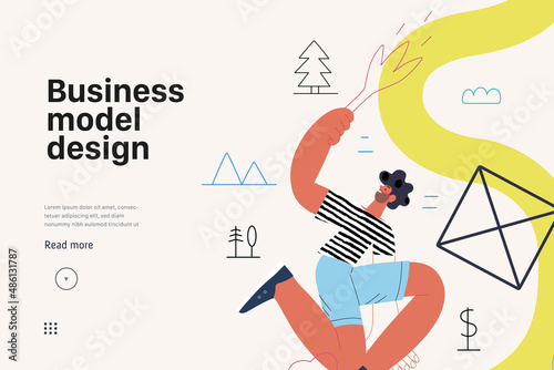 Startup illustration, website landing template Flat line vector modern concept illustration, startup metaphor. Concept of building new business, strategy, company processes. Business model design