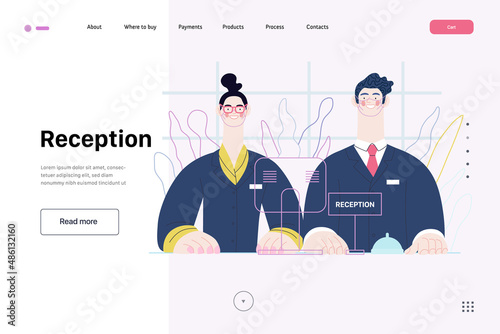 Hospital reception - medical insurance web template, facilities and services. Modern flat vector concept digital illustration - a couple of receptionists at the desk welcoming clients.