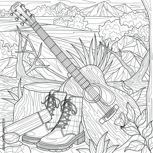 Guitar and boots in nature.Musical instrument.Coloring book antistress for children and adults. Illustration isolated on white background.Zen-tangle style. Hand draw